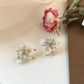 Detailed macro of golden butterfly earrings with blue wings and white flower accents - 16# Gold & Blue Butterfly