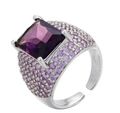 Square purple zircon ring with pavé stones and adjustable silver band for men - Adjustable Open / Silver - Purple Zirconia