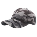 Detailed view of gray-brown camo baseball cap showing durable canvas fabric and reinforced stitching - Adjustable / Gray Camouflage