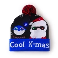 Navy blue Christmas LED knit hat with Santa and penguin motifs and a pompom - Cool Royal Blue Folded Christmas Hat