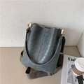 Dark gray crocodile pattern bucket bag with wide fabric strap and gold hardware - Blue