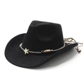Western black felt cowboy hat with silver star studs and beaded braid band on white background - M (56-58cm) / Black (Suede)