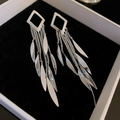 Silver geometric tassel drop earrings with rhombus frame and leaf charms in a gift box - Silver Rhombus Hollow Silver Pin (93#) / Silver