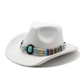 Detail of white felt cowboy hat featuring turquoise stone and bohemian beaded band - M (56-58cm) / White