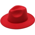 Close-up of a vibrant red wool felt fedora with a wide wavy brim and classic indented crown - Plain Flat Brim Without Rope / Red