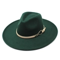 Close-up of dark green wool felt fedora featuring cream leather band and gold metal buckle - M (56-58cm) / Dark Green