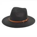 Detail of black straw Panama hat featuring brown leather belt and gold metal buckle - Black