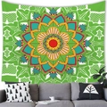 Bohemian mandala tapestry with vibrant floral pattern hanging over a sofa in a living room - 100x70cm (Short Plush) / Bright Green Red Yellow Mandala (25)