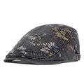 Retro dark grey denim flat cap featuring vintage floral peony print and adjustable buckle - Black