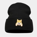 Close-up of cute Shiba Inu embroidery on black knitted cuff beanie for winter fashion - Akita (Shiba Inu) - Black