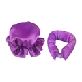 Set per capelli in seta viola con cuffia a volant e fascia con chiusura a scatto - Viola Profondo Rosso (Bigodino + Cuffia + Sacchetto OPP)
