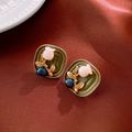 Vintage green square stud earrings with pink bud and blue bead in gold finish - French Vintage Dark Green Square Style