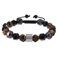 Men's adjustable 10mm faceted tiger eye and black lava stone beaded braided bracelet - 10mm / Faceted Lava Stone + Tiger Eye