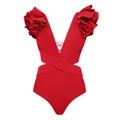 Detail of red swimsuit featuring a deep V-neck, 3D floral ruffles, and side cut-outs - S / Red One-Piece Swimsuit
