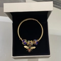Golden adjustable bee bracelet with sparkling crystal beads in a white jewelry box - Colorful Bee