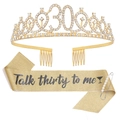 Goldenes Set zum 30. Geburtstag mit Strass-Tiara und Talk Thirty to Me Schärpe - Schärpe Tiara Set / Gold Weinglas Set