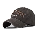 Close-up of vintage washed cotton baseball cap with white 3D New York embroidery detail - Adjustable / Coffee