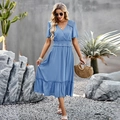 Elegant blue V-neck short sleeve dress with elastic waist and ruffled hem in outdoor setting - S / Blue