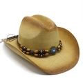 Western straw cowboy hat with gradient brim and beaded band featuring turquoise stone - M (56-58cm) / Khaki