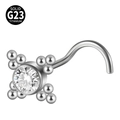 Silver G23 titanium nose stud with a round zircon in a cross-bead setting - Center Stone With Four Beads (Style 8 5-Shaped) / 0.8x7mm