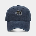 Close-up of cat with knife embroidery on washed denim baseball cap in dark navy - Adjustable / Navy Blue