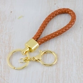 Brown braided leather keychain with golden metal ring and swivel clasp for car keys - Generation 1 Round Dragon Woven Buckle (Light Gold) / Brown