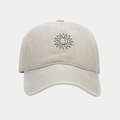 Close-up of vintage washed beige cotton baseball cap with sun and moon embroidery detail - Adjustable / Beige With Black Embroidery