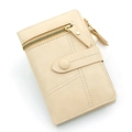Short trifold women's PU leather wallet in beige with golden zipper and snap buckle closure - Off White