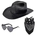 Set cappello da cowboy nero con occhiali da sole a cuore e bandana con motivo paisley - Set 3 Pezzi Nero Perlato