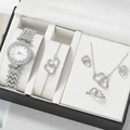 Detail view of silver heart jewelry set with watch and crystals in a gift box - Silver Rhinestone (5pcs Set)