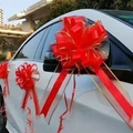Red chiffon wedding car ribbon flower bow for rearview mirror and handle decoration - 10 Strands Pack / Ink Gold Edge Red