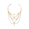 Golden multi-layer body chain with rectangular charms and mesh draping structure - Gold Bar Chain