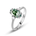 Anillo de Plata S925 con Ágata de Musgo Verde de corte Hexagonal y diamantes laterales - Abierto Ajustable / Estilo Ágata Musgosa Verde Rombo Plateado (RG016029)