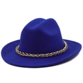 Royal blue wool fedora hat with a decorative gold chain band for men and women - M (56-58cm) / Sapphire Blue