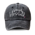 Distressed washed grey baseball cap with simply blessed embroidery and pink cross - Adjustable / Washed Black