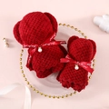 Dark red coral fleece teddy bear towel gift set with Just For You ribbon and pearl - 20x10cm / Red Pearl Bear [Red Ribbon]