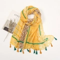 Cotton linen scarf with yellow wave prints and green tassels in a minimalist flat lay - Yellow Green Wave Geometric Style (XB180-02)
