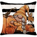 Linen sunflower and Halloween gnome print pillowcase with black and white stripes - 45x45cm Pillow Cover / Striped Background Pumpkin Gnome-2 (3ym373-2)