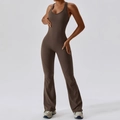 Coffee brown flare yoga jumpsuit with U-neck design and high waist tummy control fit - S / Coffee