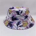 Close-up of reversible bucket hat featuring vibrant floral and leaf prints on white fabric - M (56-58cm) / White Base Purple and Yellow Floral Print (12#)