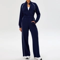 Navy blue women's 5-piece yoga set with zipper jacket and contrast piping on wide-leg pants - S / Dark Blue (Sport Jacket + Straight Pants)