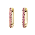 Golden huggie earrings with three rows of pink zircon stones on a white background - Gold-Pink Rhinestone