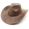 Detail of a brown suede western cowboy hat with a woven texture and vintage metal buckle - M(56-58cm) / Striped Khaki