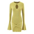 Mini-robe en maille jaune moutarde moulante avec décolleté goutte et manches évasées - S / Vert Moutarde