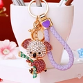 Portachiavi koala con strass brillanti e cordino in pelle intrecciata viola e anello - Corda Viola Chiaro + Koala Viola