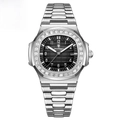 Men's luxury watch with silver stainless steel band and black dial with diamond bezel - Silver Case Black Dial Steel Strap