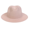 Detailed close-up showing the dense woven texture of a light pink straw fedora sun hat - Dusty Pink