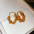 Elegant gold-plated hoop earrings with delicate orange rose floral ornaments for women - Orange-Floral Hoop