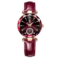 Elegant rose gold women's quartz watch with burgundy leather strap and faceted crystal face - Rose Gold Purple Dial
