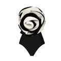 Detail of elegant black bodysuit featuring a large 3D black and white rose design - S / Single Black Swimsuit